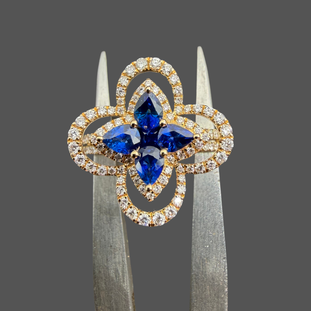 Bague Fleur Saphirs Poire & Diamants – Or Jaune 18 Carats