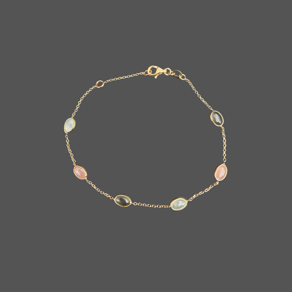 Bracelet Femme Adorée en or jaune 18 carats – Pierres de lune et quartz roses en cabochon