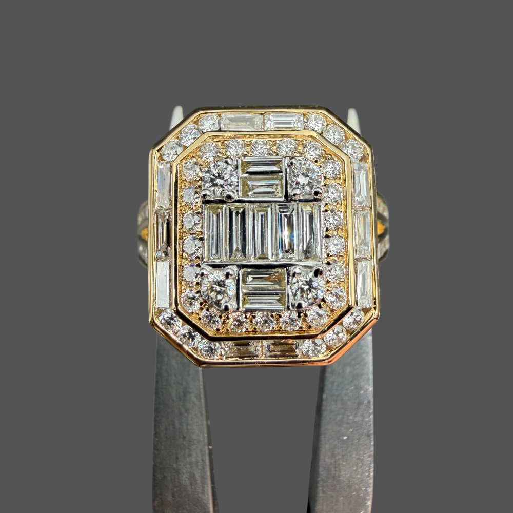 Bague Art Déco Diamants Baguette & Brillant – Or Jaune 18 Carats
