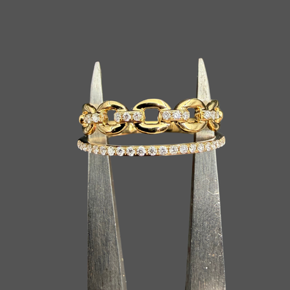 Bague Double Anneau Maillons & Diamants – Or Jaune 18 Carats